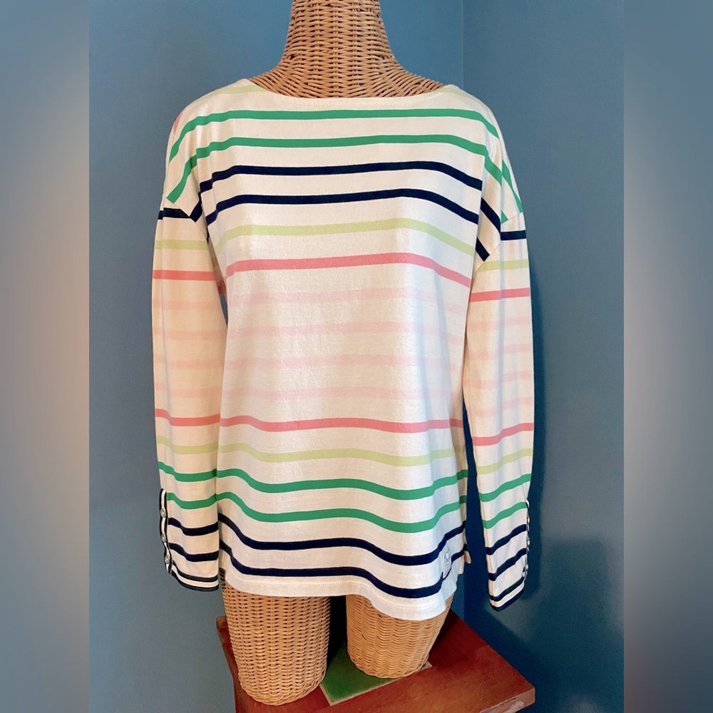 Talbots White Striped Long Sleeve Tee with Navy, Green & Pink